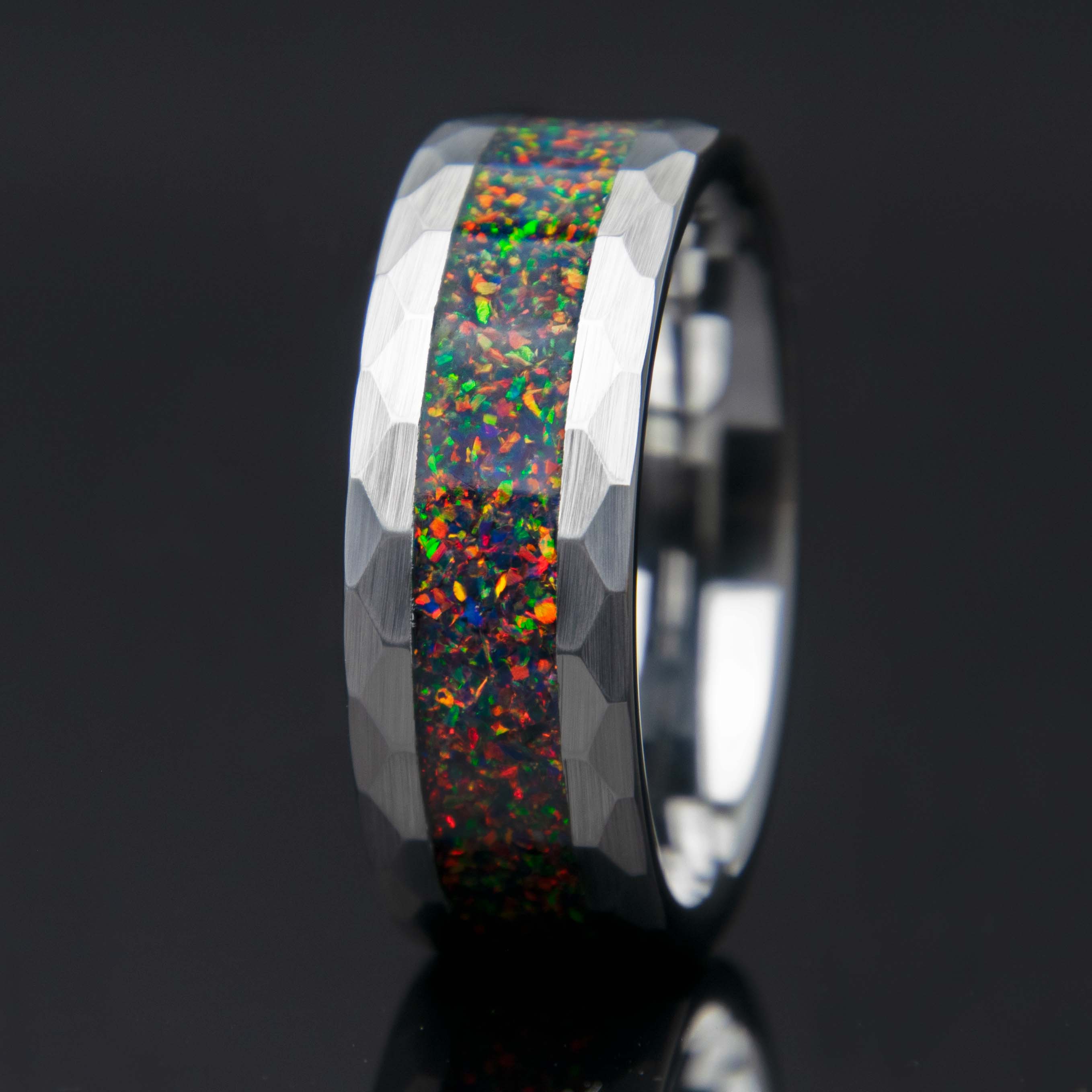 Black Fire Opal Hammered Tungsten Men's Ring Secondary image