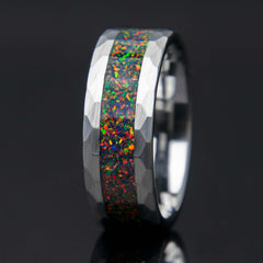 Black Fire Opal Mens Hammered Tungsten Ring - Copperbeard Jewelry