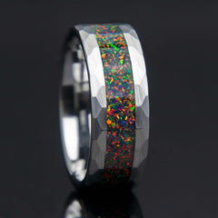 Black Fire Opal Mens Hammered Tungsten Ring - Copperbeard Jewelry