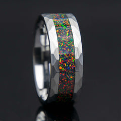 Black Fire Opal Mens Hammered Tungsten Ring - Copperbeard Jewelry