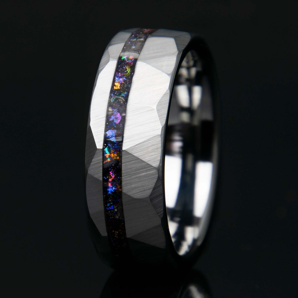 Galaxy Cosmic Flare Hammered Faceted Offset Tungsten Ring - Men's Wedding Engagement Ring - Copperbeard Jewelry