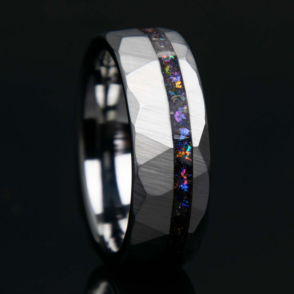 Galaxy Cosmic Flare Hammered Faceted Offset Tungsten Ring - Men's Wedding Engagement Ring - Copperbeard Jewelry