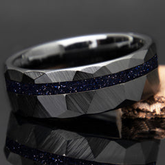 Blue Goldstone Men's Wedding Band Black Ceramic Faceted - Copperbeard Jewelry