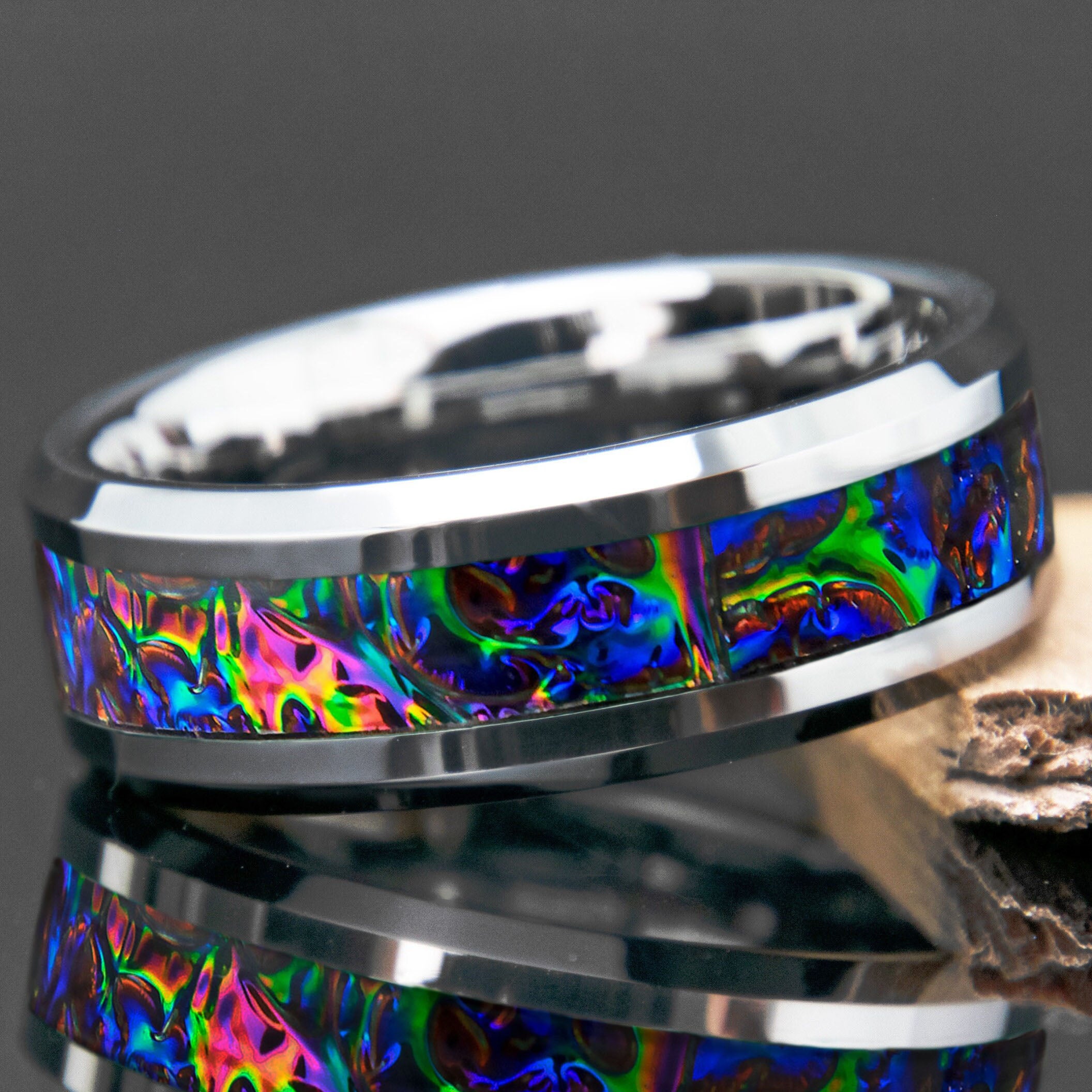 Dichrolam Fire Burl Tungsten Ring Mens Copperbeard Jewelry