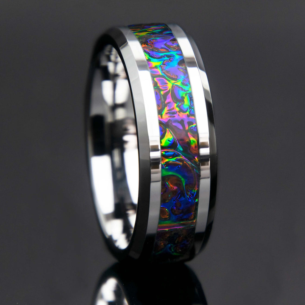 Dichrolam Fire Burl Tungsten Ring Mens Copperbeard Jewelry