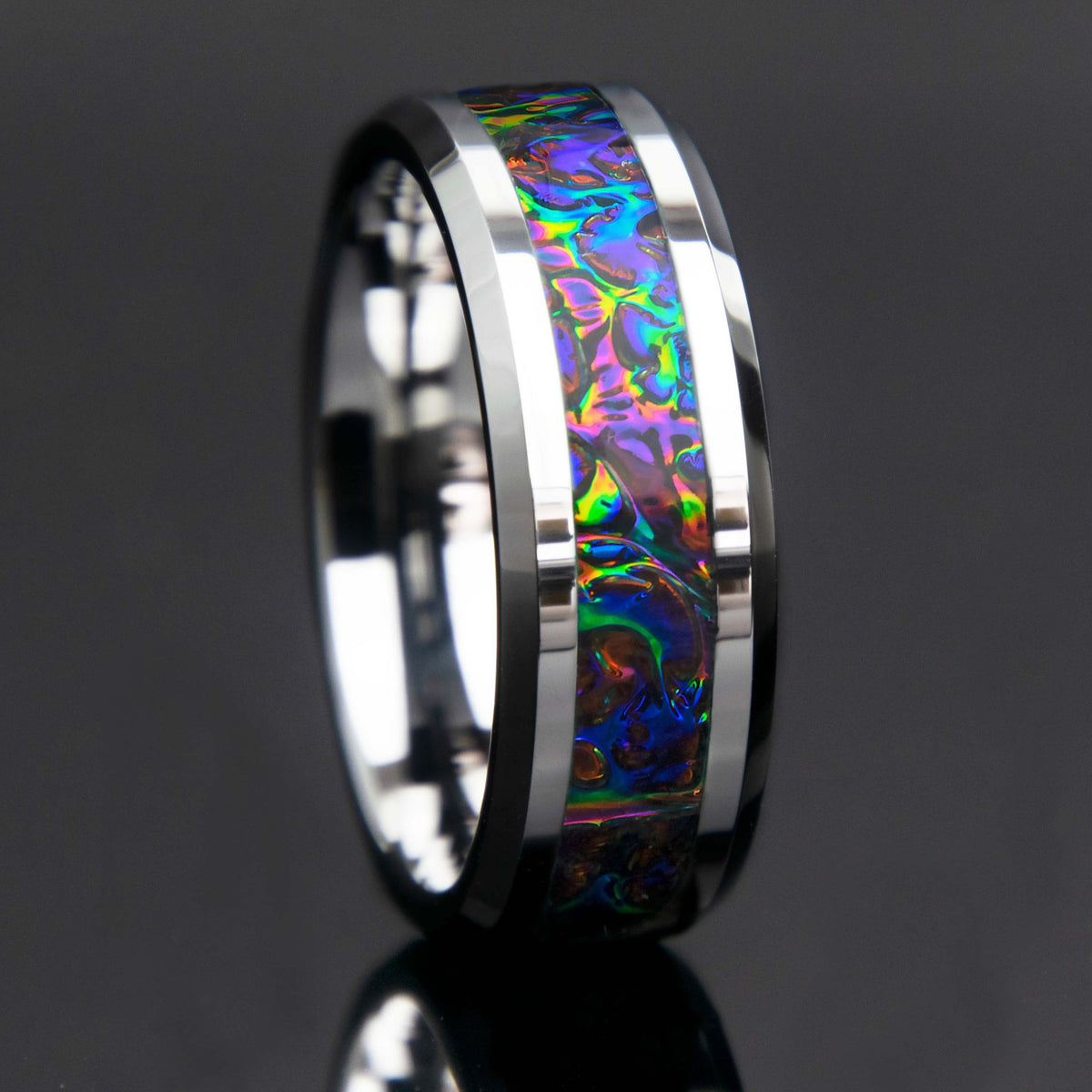 Dichrolam Fire Burl Tungsten Ring Mens Copperbeard Jewelry