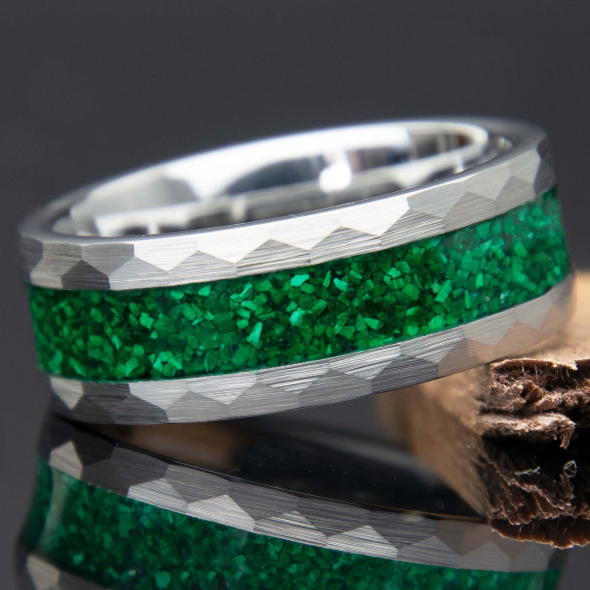 Malachite Men's Hammered Faceted Tungsten Ring - Men's Wedding Band - Copperbeard Jewelry Main image