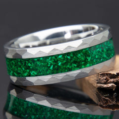 Malachite Men's Hammered Faceted Tungsten Ring - Men's Wedding Band - Copperbeard Jewelry