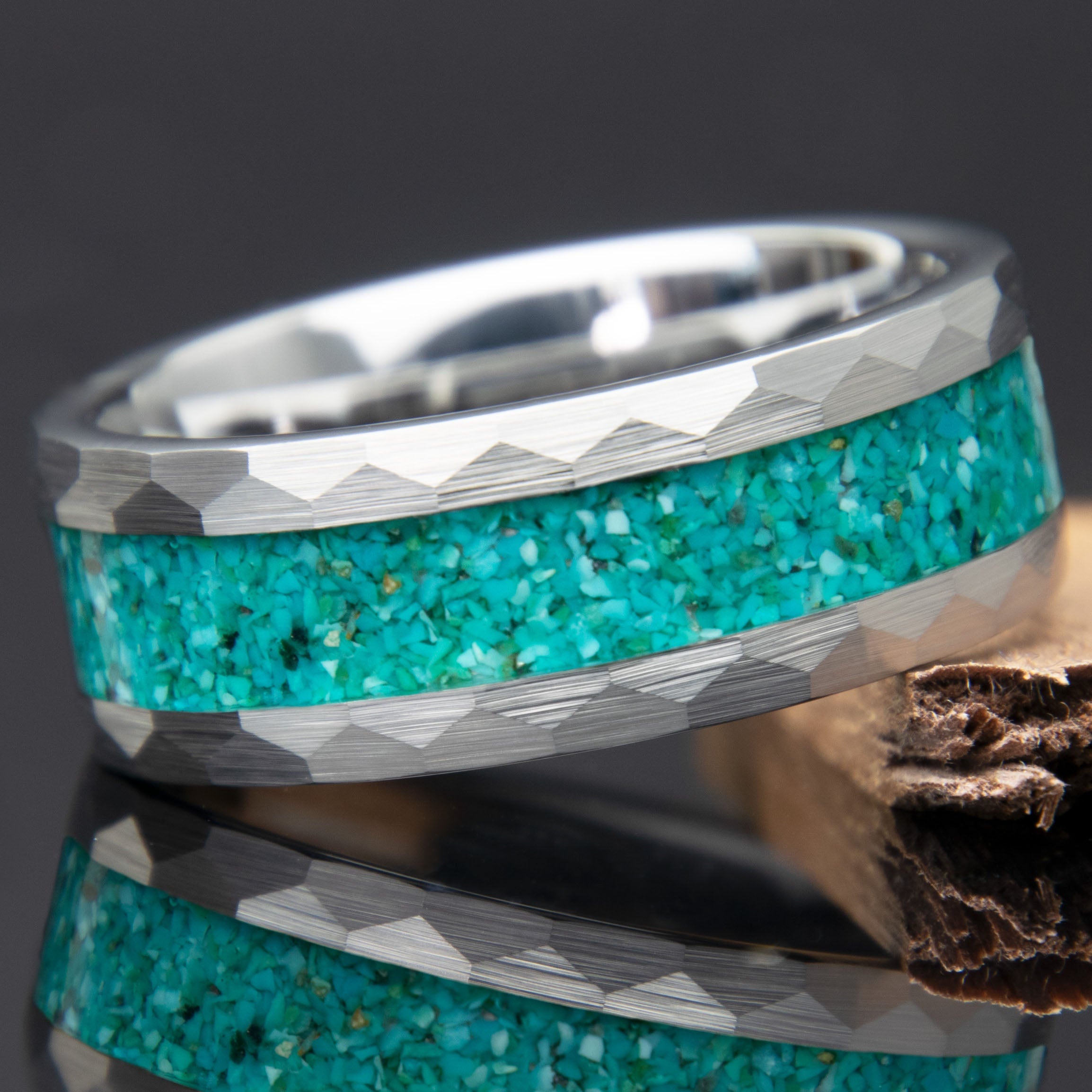 Turquoise Hammered Tungsten Men's Ring Copperbeard Jewelry