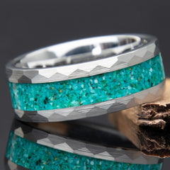 Turquoise Hammered Tungsten Men's Ring Copperbeard Jewelry