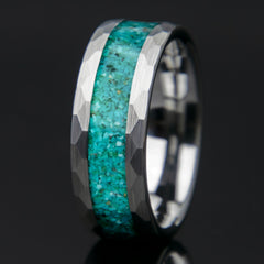 Turquoise Hammered Tungsten Men's Ring Copperbeard Jewelry