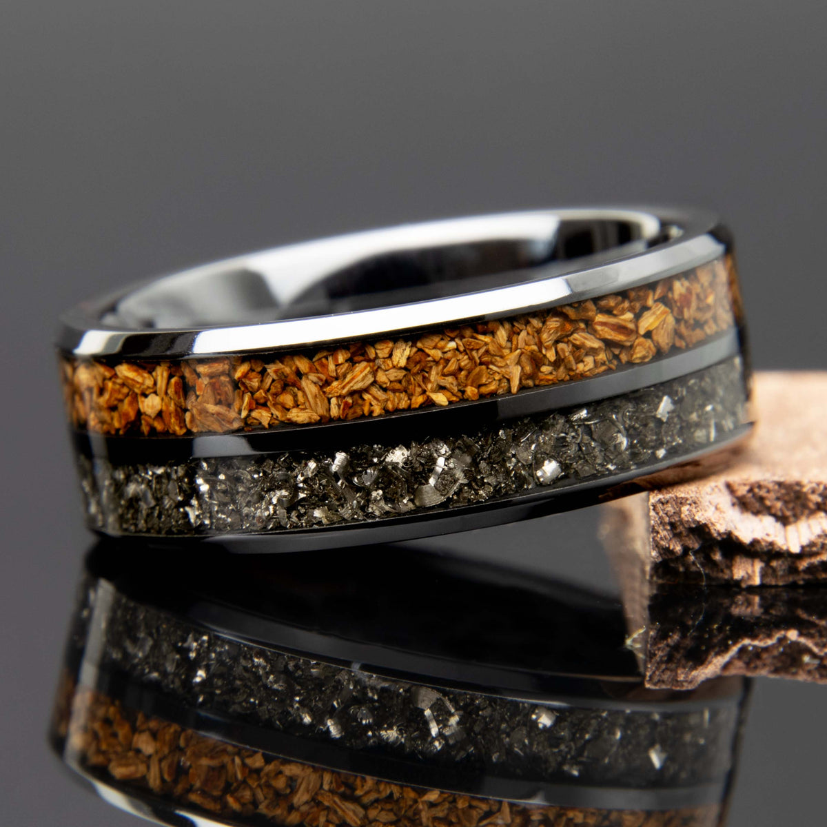 Dinosaur Bone And Meteorite Black Ceramic Ring - Men's Wedding Band - Copperbeard Jewelry Main image