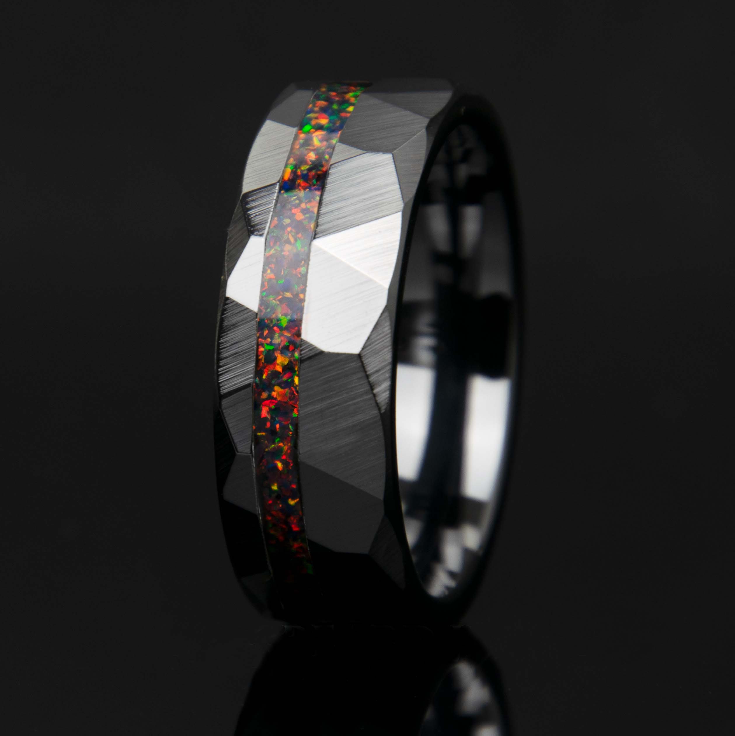 Black Fire Opal Men's Wedding Band Faceted Black Ceramic Secondary image