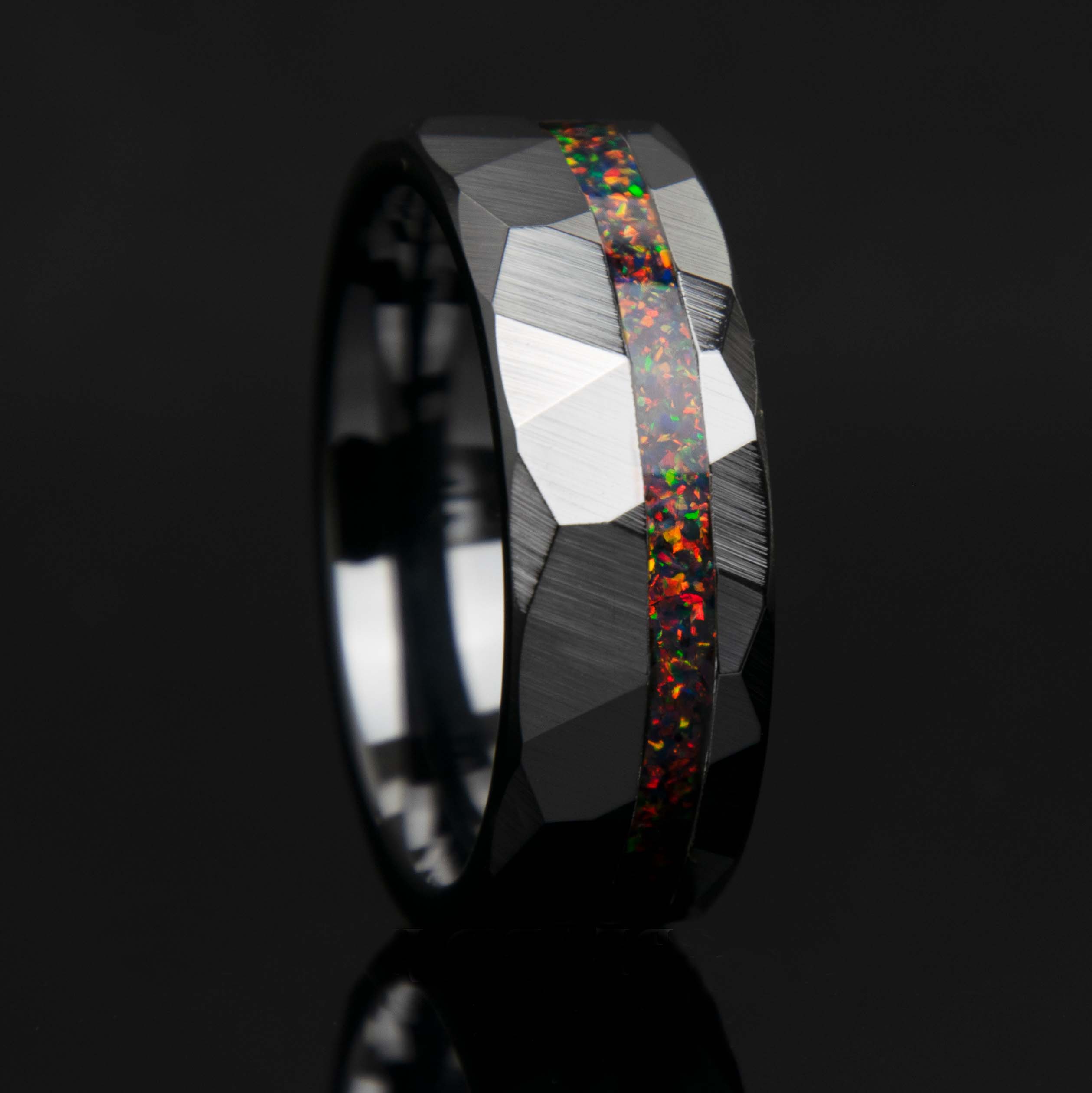 Black Fire Opal Men's Wedding Band Faceted Black Ceramic – Copperbeard Black Fire Opal Men's Wedding Band Faceted Black Ceramic – Copperbeard