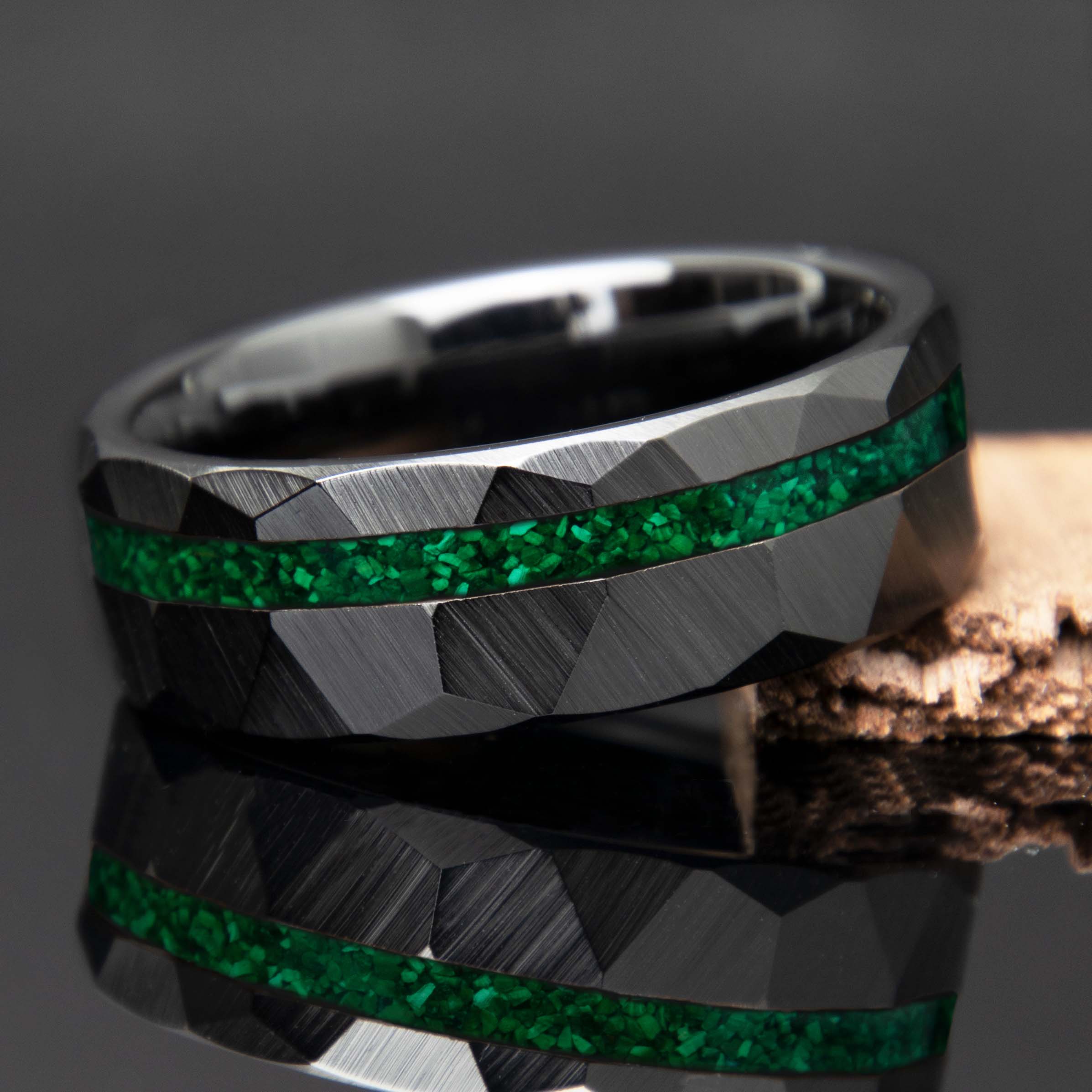 Malachite Black Ceramic Hammered Mens Ring - Copperbeard Jewelry