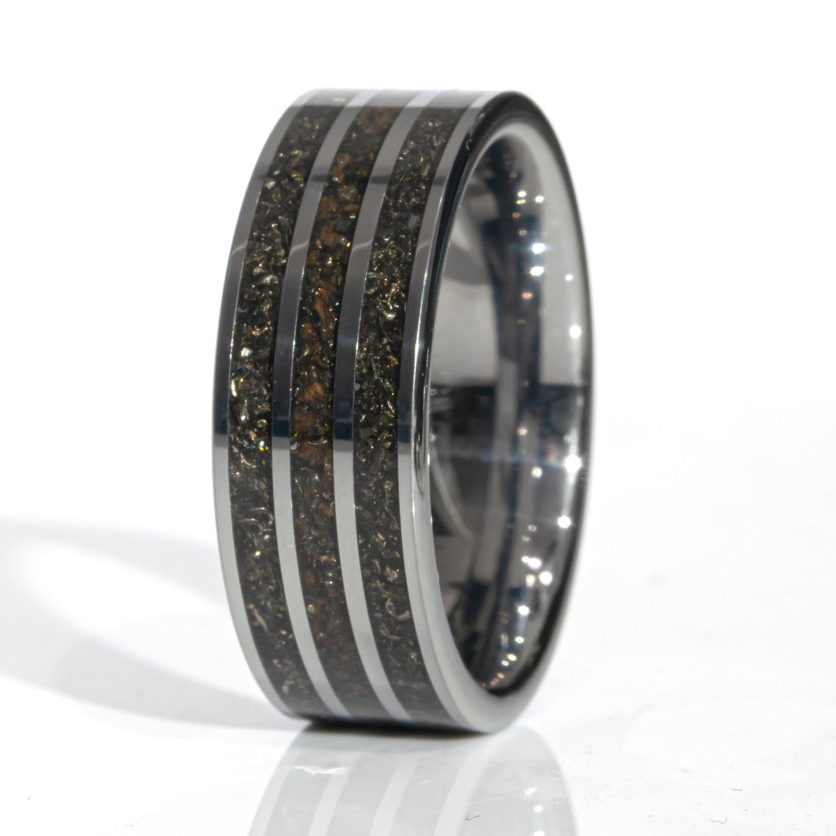 Clearance Meteorite And Dinosaur Bone Tungsten Three Channel Ring Size 10 - 8mm Width Copperbeard Jewelry
