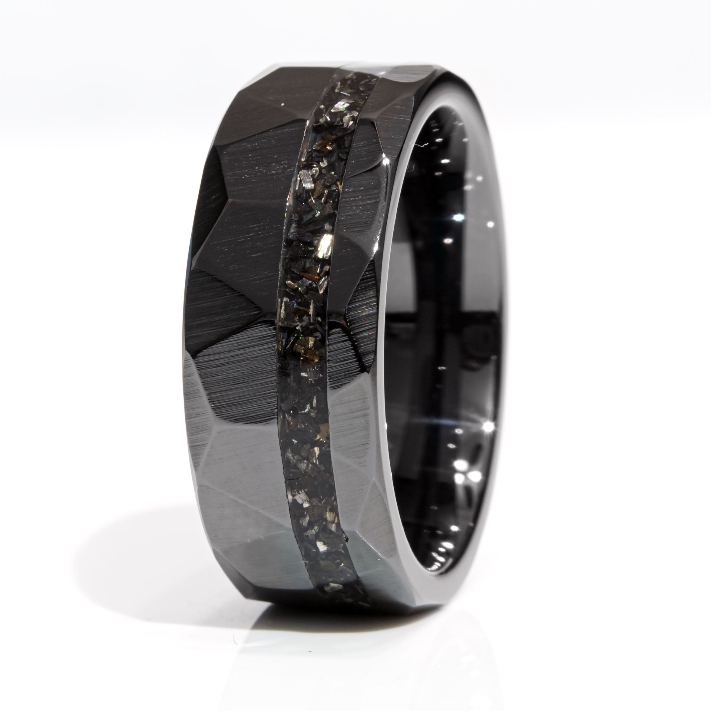 Clearance Meteorite Black Ceramic Faceted Offset Ring Size 8 - 8mm Width Copperbeard Jewelry