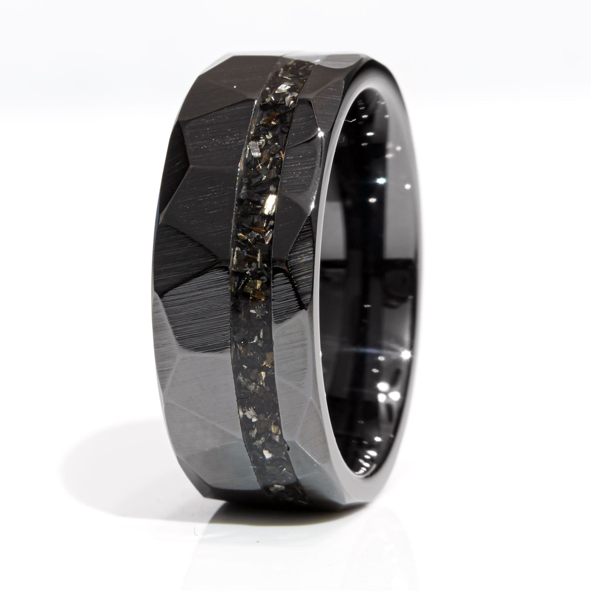 Clearance Meteorite Black Ceramic Faceted Offset Ring Size 8 - 8mm Width Copperbeard Jewelry