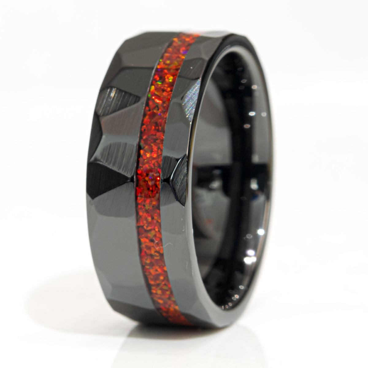 Clearance Red Opal Black Ceramic Faceted Offset Size 9.5 - 8mm Width Copperbeard Jewelry Main image