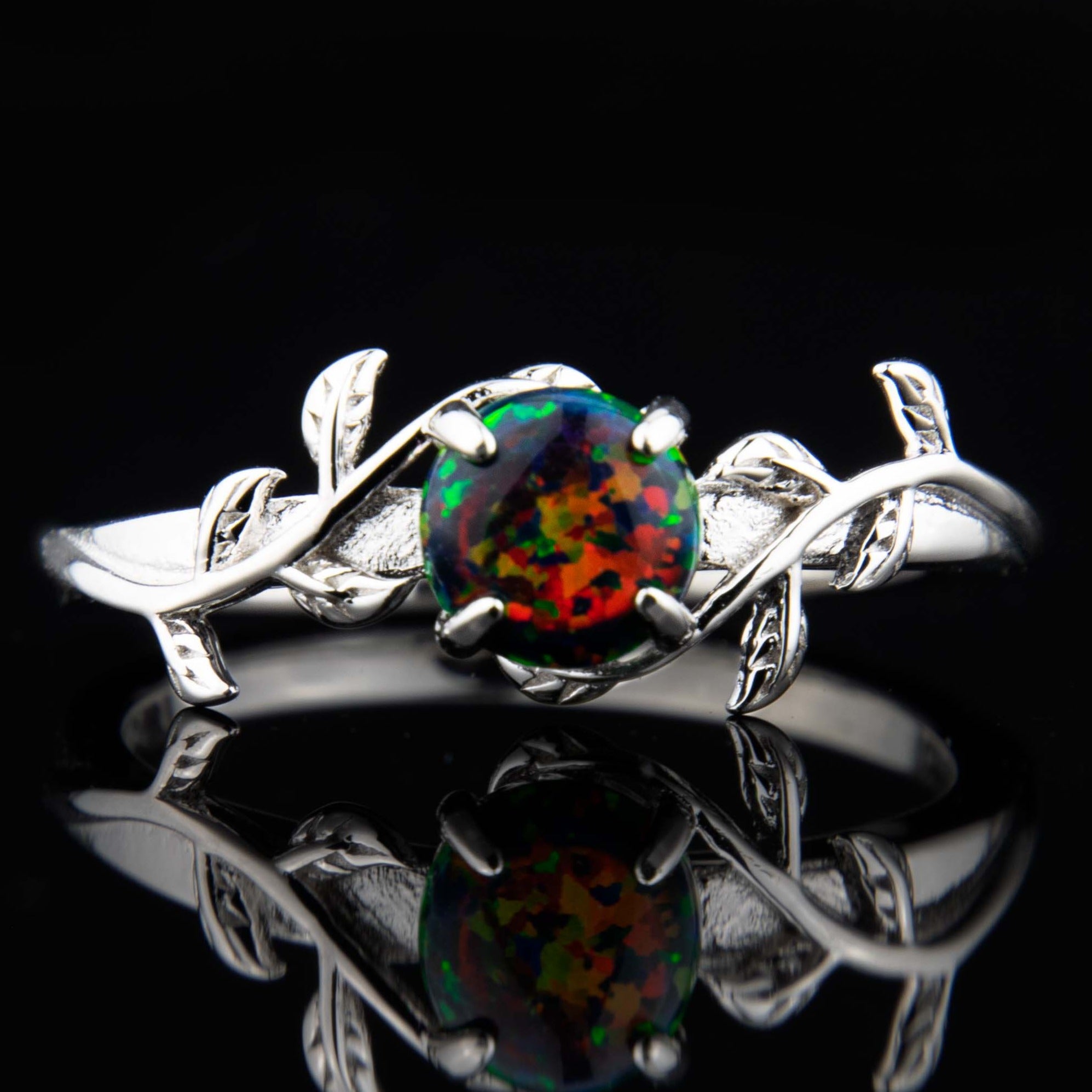 Silver Leaf Branch Black Fire Opal Ring - Nature Inspired Twig Ring - Copperbeard Jewelry