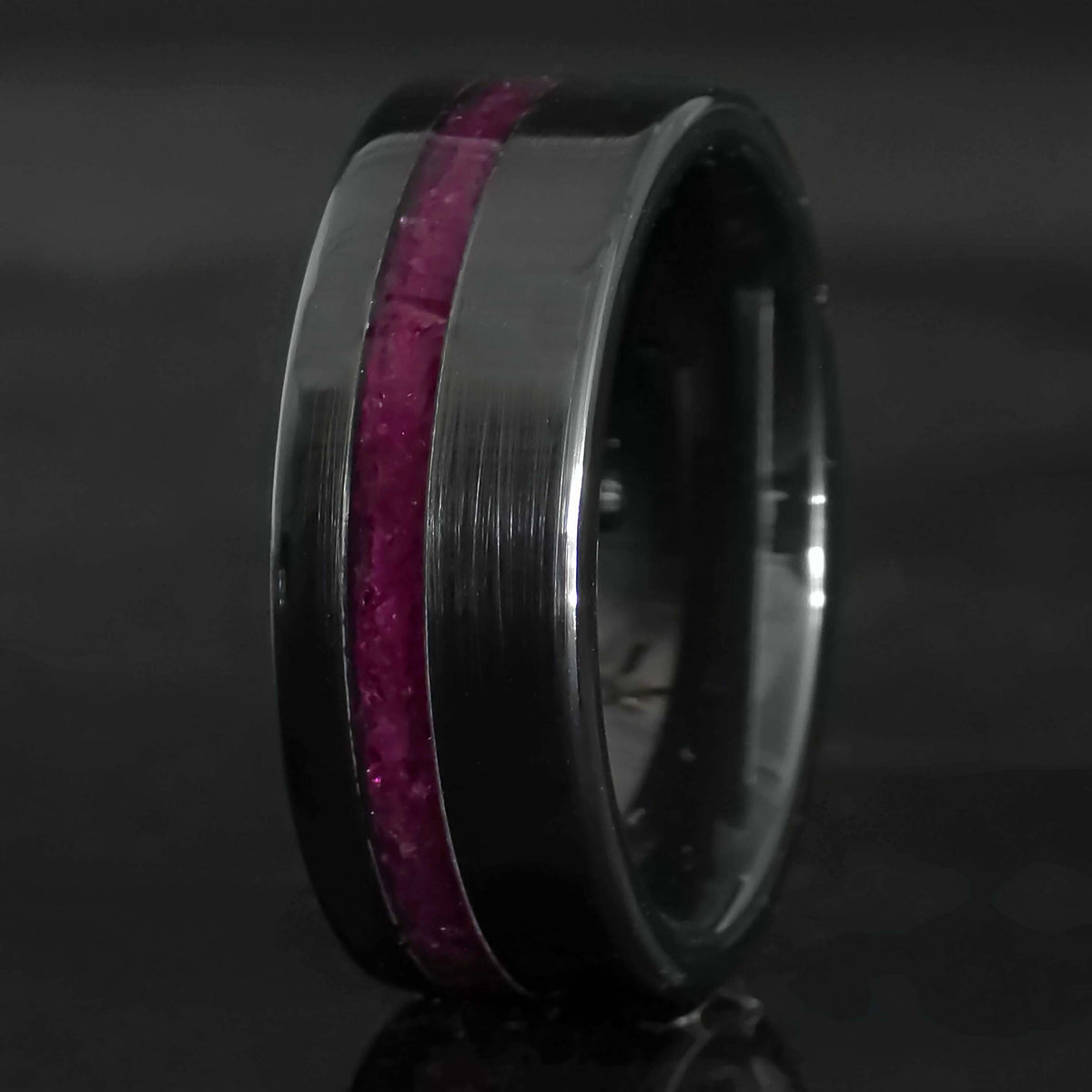 The Bloodline - Ruby Black Ceramic Brushed Offset Ring Copperbeard Jewelry Main image