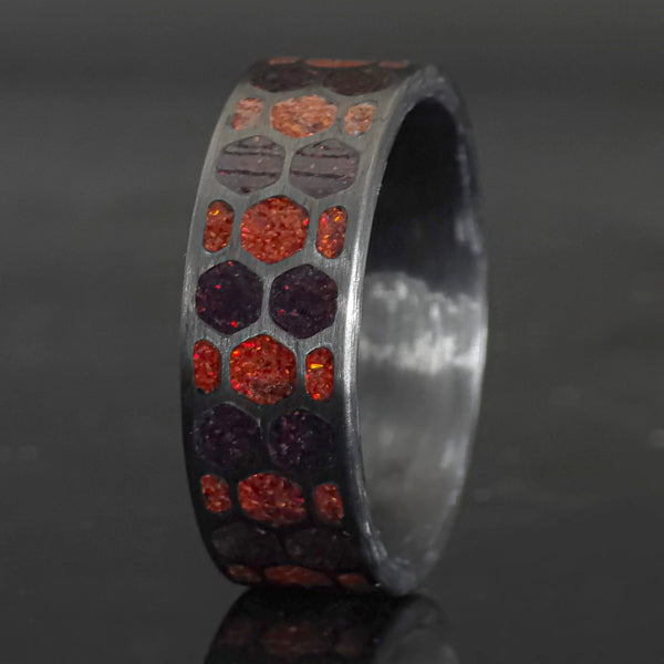 The Riftwalker - Purple And Black Fire Opal Carbon Fiber Rectangles Ring Copperbeard Jewelry