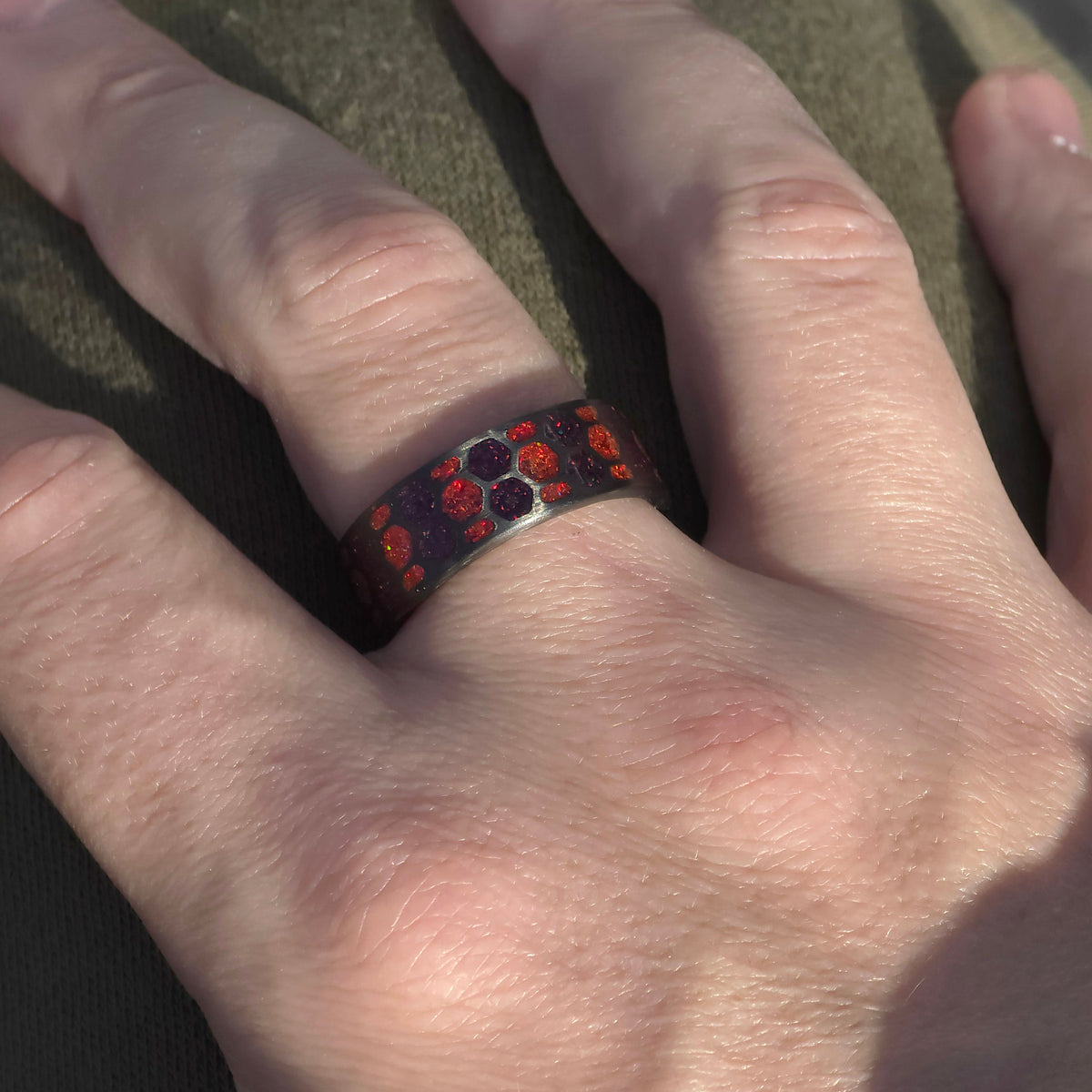The Riftwalker - Purple And Black Fire Opal Carbon Fiber Rectangles Ring Copperbeard Jewelry