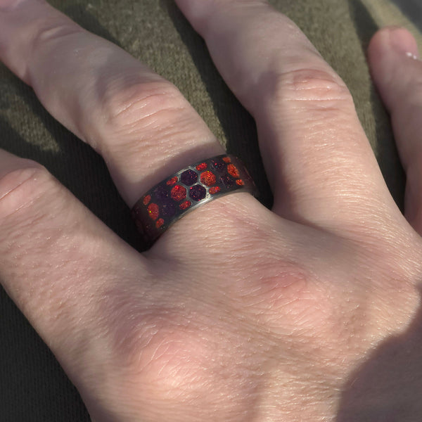 The Riftwalker - Purple And Black Fire Opal Carbon Fiber Rectangles Ring Copperbeard Jewelry