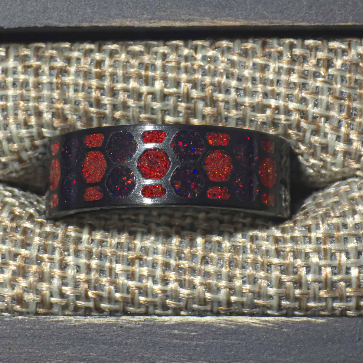 The Riftwalker - Purple And Black Fire Opal Carbon Fiber Rectangles Ring Copperbeard Jewelry