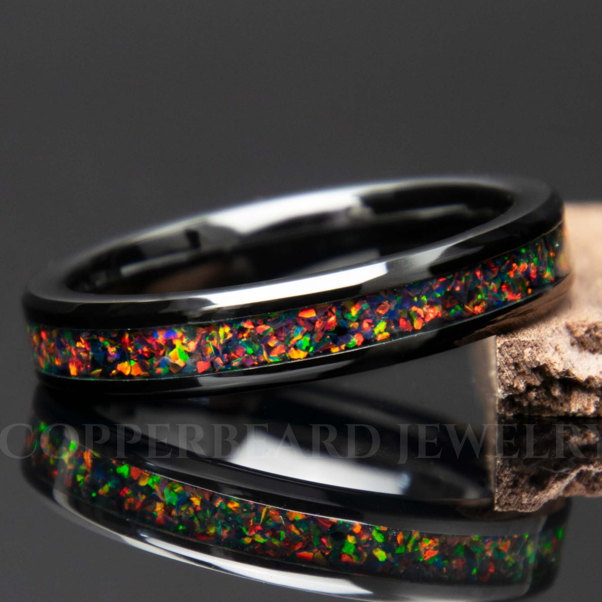 Black Fire Opal Black Ceramic Women's Wedding Band - Copperbeard Jewelry Main image