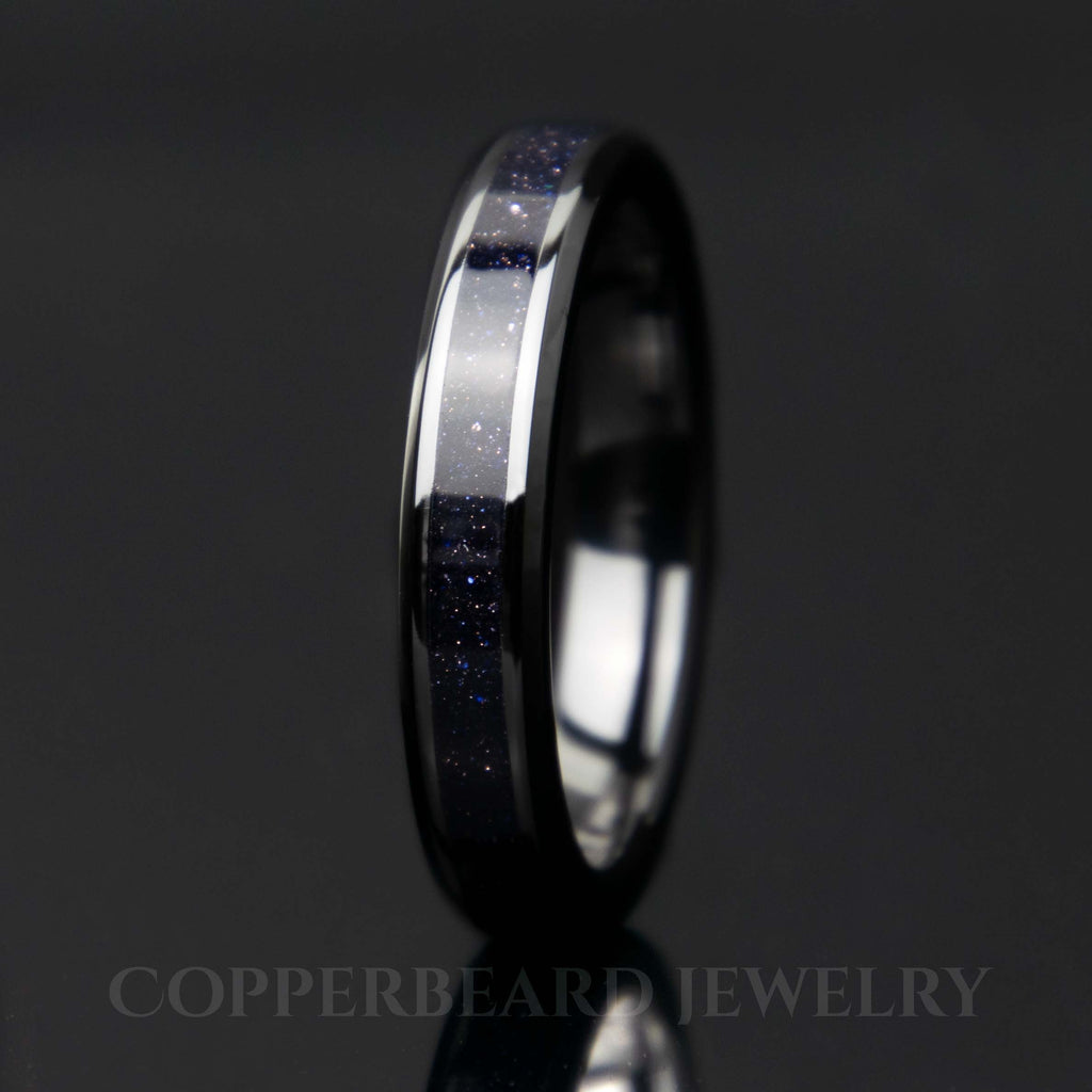 Blue goldstone black ceramic women's wedding band
