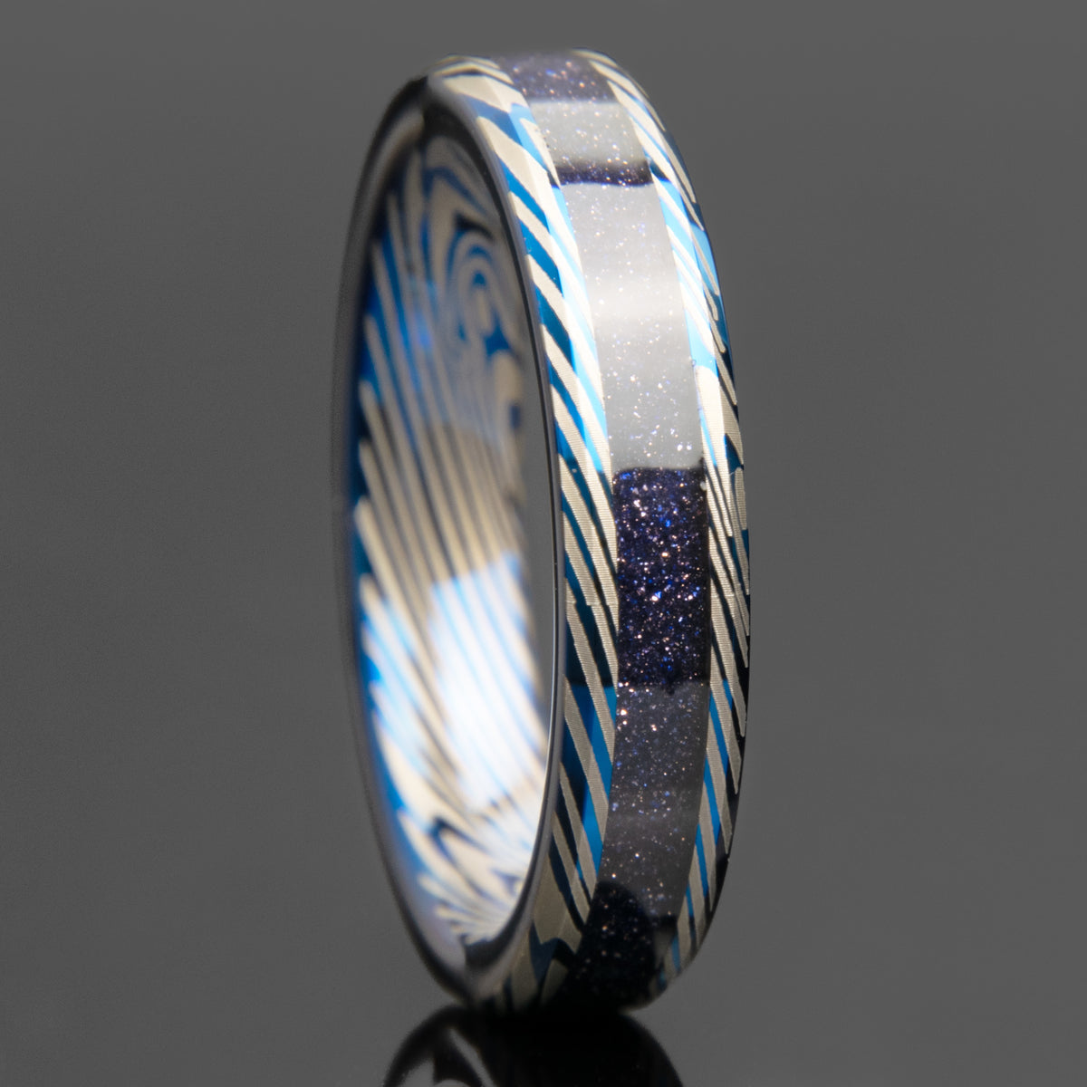 Blue Goldstone Tungsten Damascus Women's Wedding Band Copperbeard Jewelry