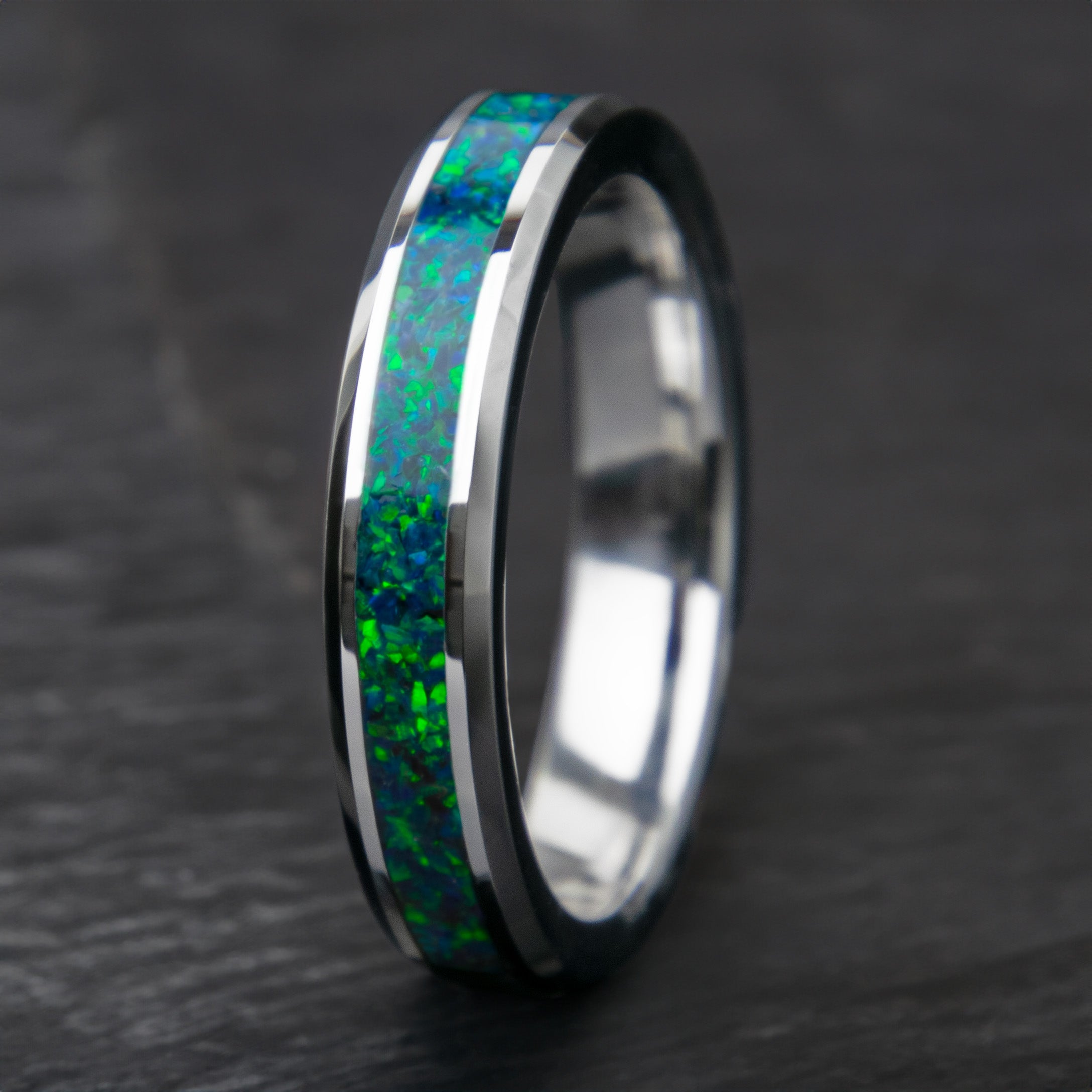 Emerald Green Womens Opal Ring With Tungsten Band Copperbeard Jewelry