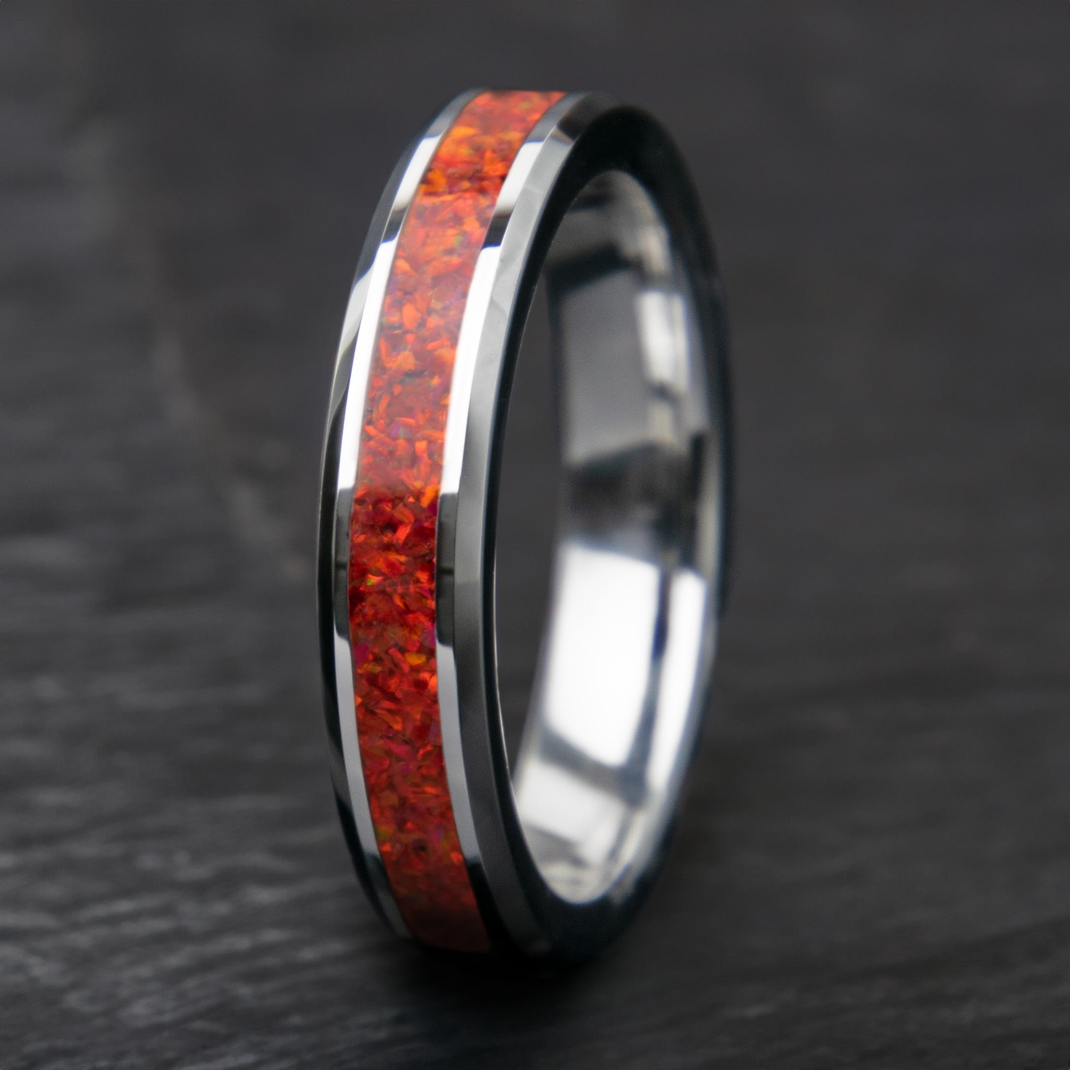 Ruby Red Womens Opal Ring With Tungsten Band 4mm Copperbeard Jewelry