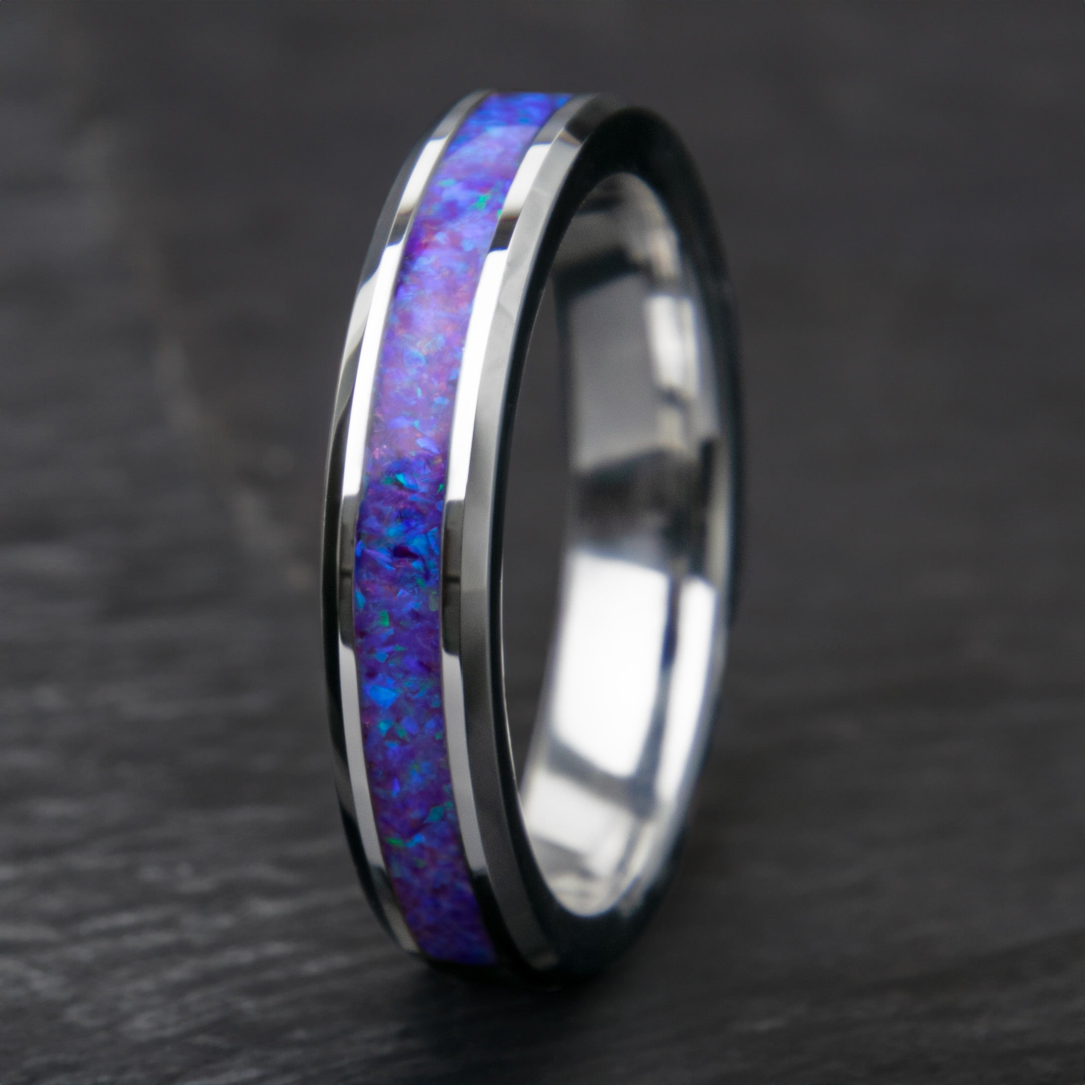 Purple And Blue Opal Ring With Tungsten Band Copperbeard Jewelry