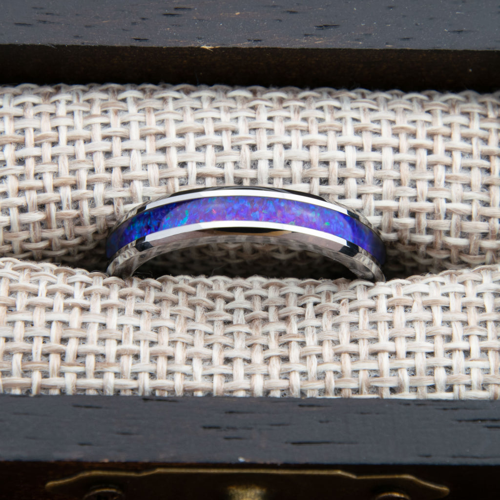 Purple And Blue Opal Ring With Tungsten Band Copperbeard Jewelry