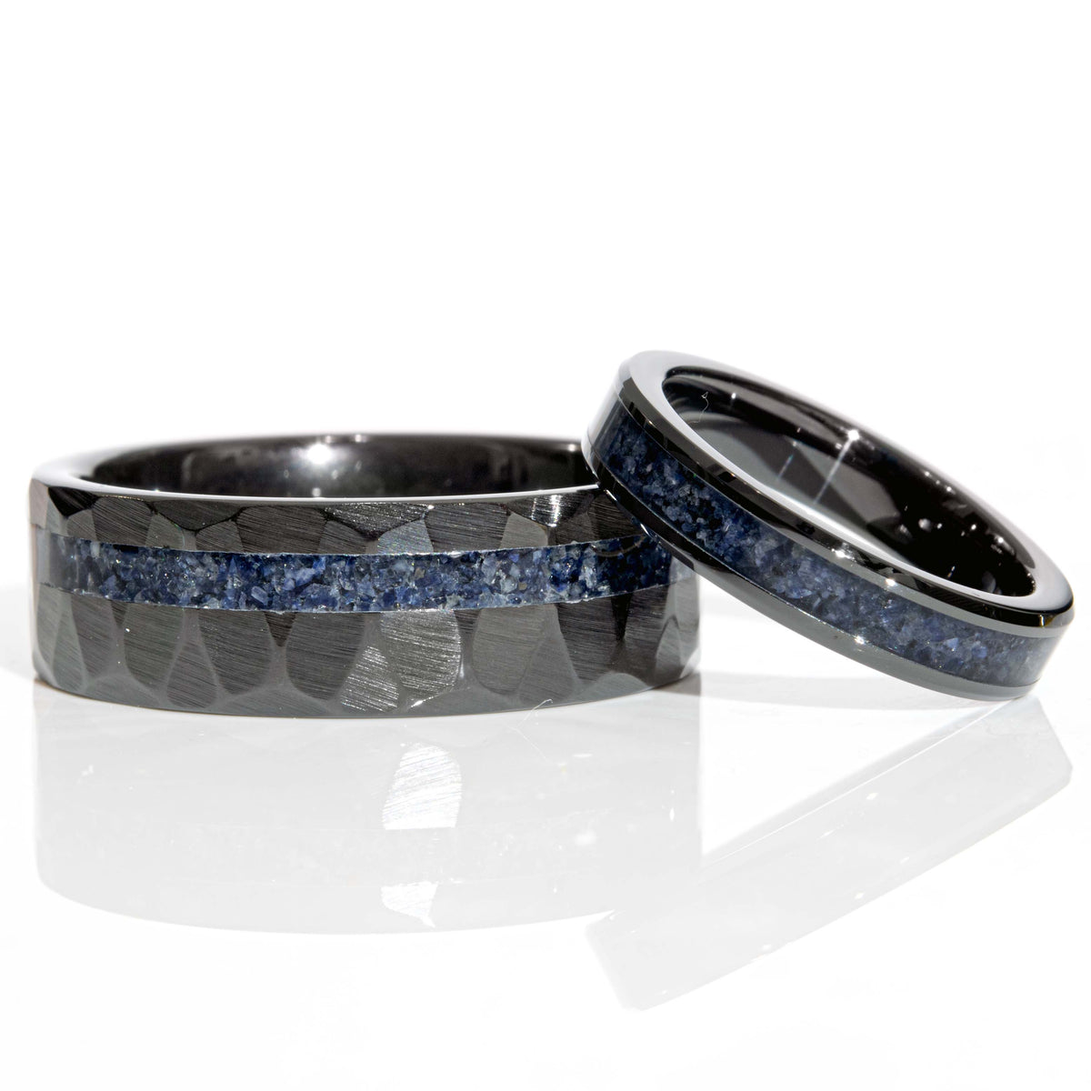His and Hers Sapphire Black Ceramic Faceted Wedding Ring Set Copperbeard Jewelry Main image