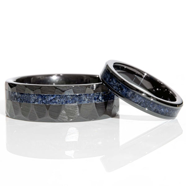 His and Hers Sapphire Black Ceramic Faceted Wedding Ring Set Copperbeard Jewelry