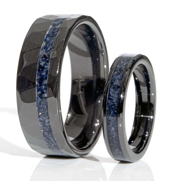His and Hers Sapphire Black Ceramic Faceted Wedding Ring Set Copperbeard Jewelry