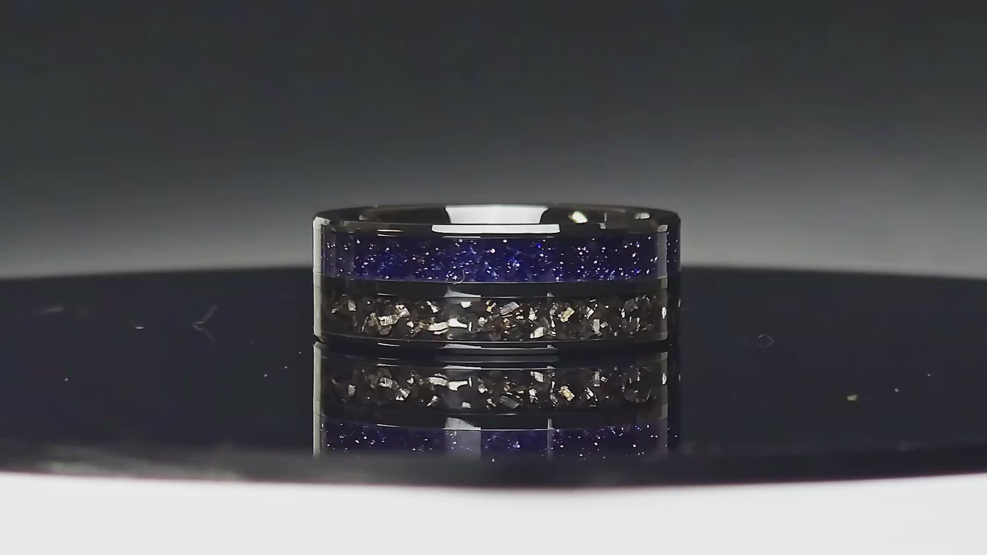 Blue Sandstone And Meteorite Black Ceramic Double Channel Ring