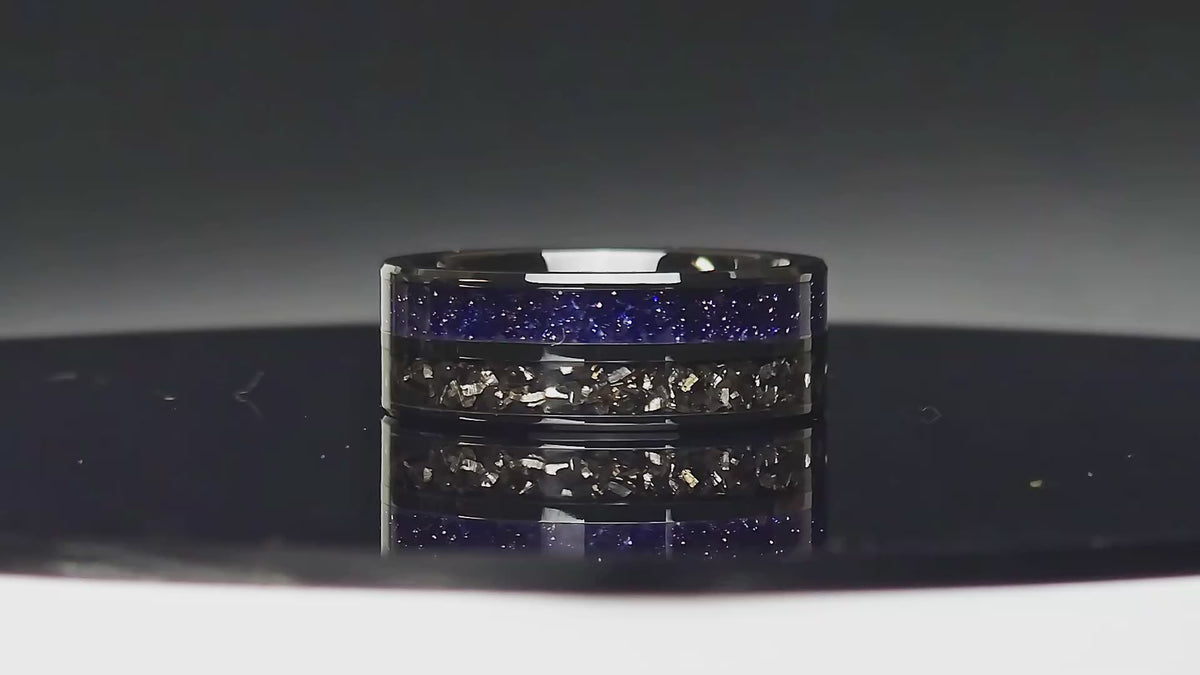 Blue Sandstone And Meteorite Black Ceramic Double Channel Ring
