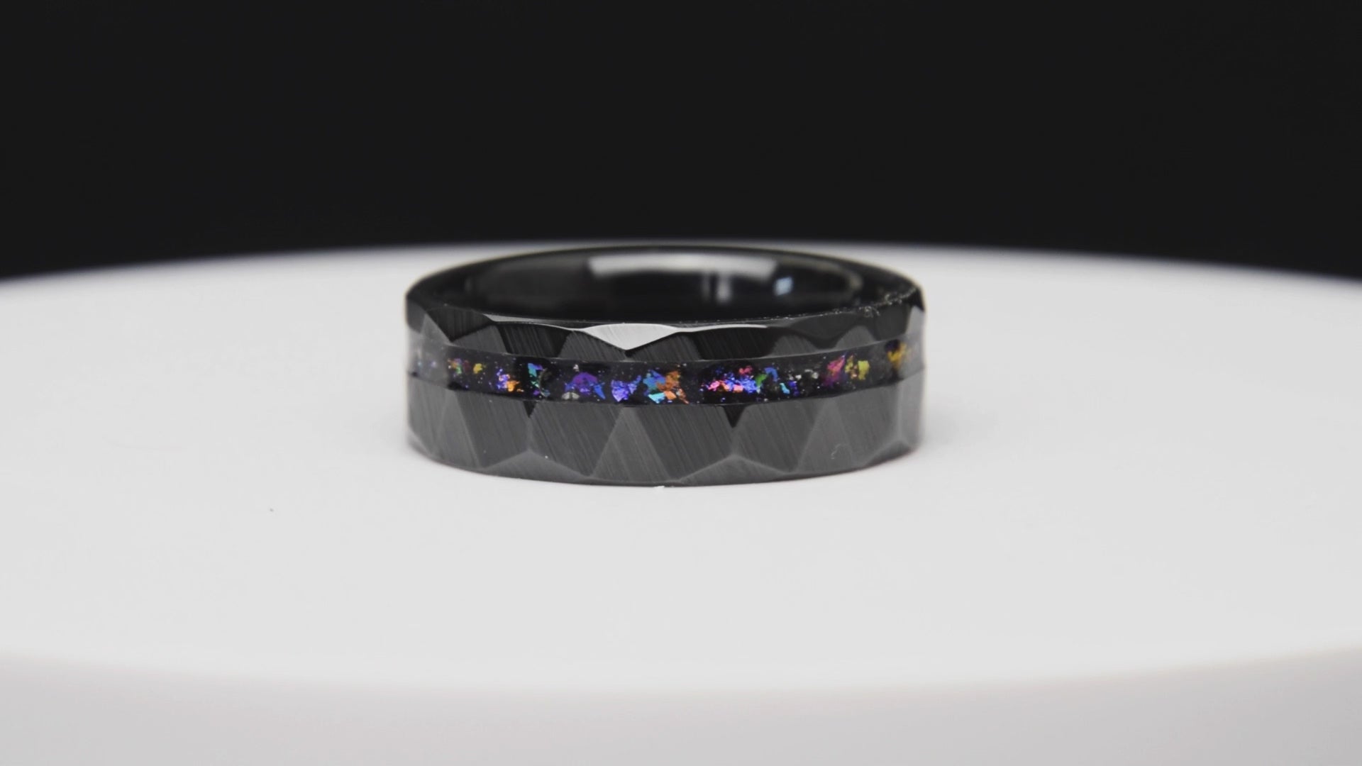 Galaxy Cosmic Flare Hammered Faceted Offset Black Ceramic Ring - Men's Wedding Engagement Ring - Copperbeard Jewelry