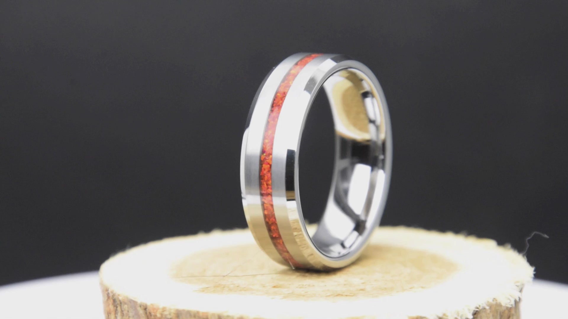 Ruby Red Opal Ring With Tungsten Thin Line Band