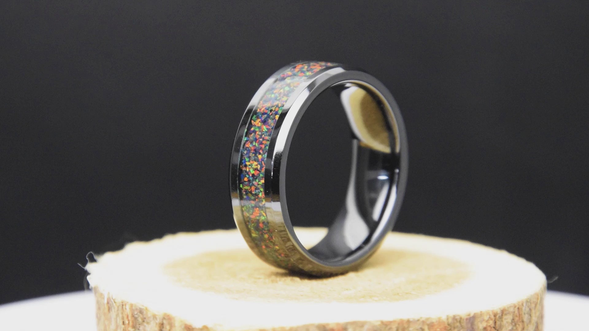 Black Fire Opal Ring With Black Ceramic Band