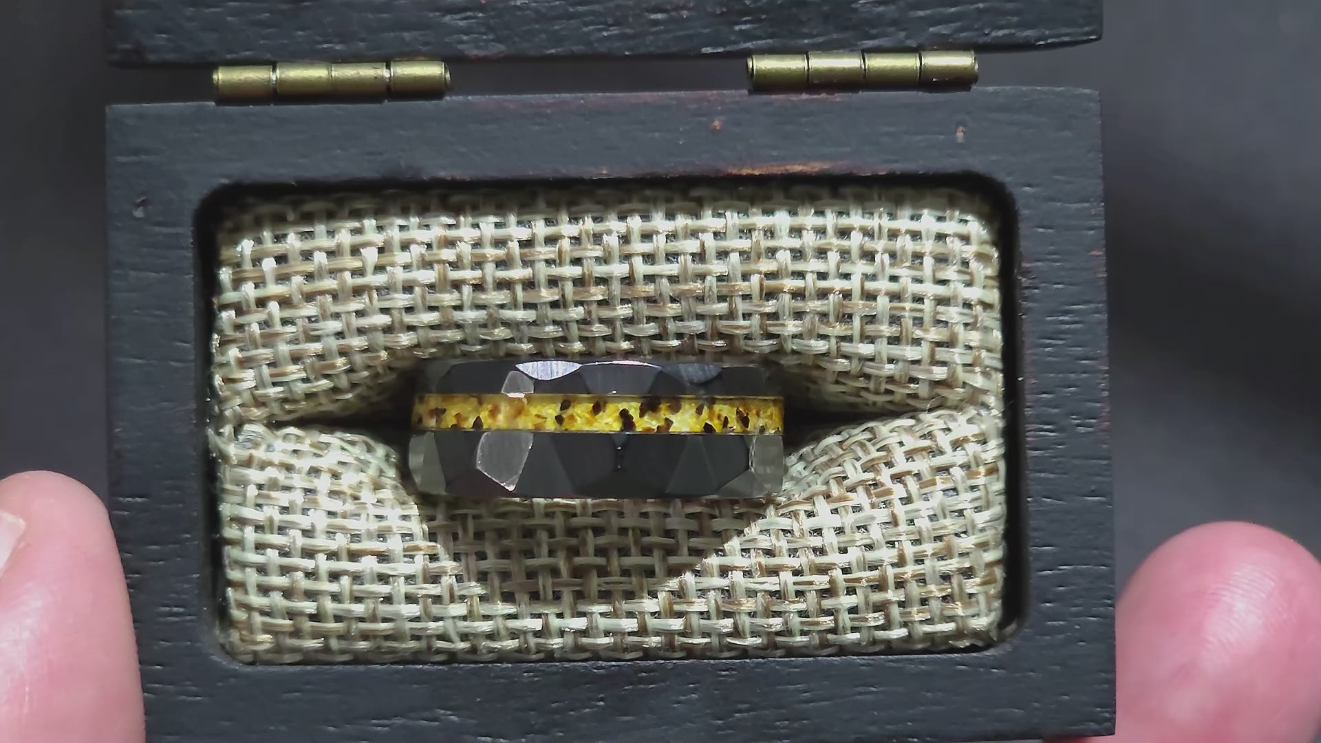 Amber Black Ceramic Faceted Hammered Offset Ring