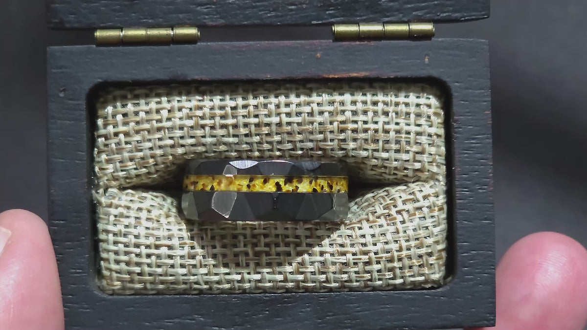 Amber Black Ceramic Faceted Hammered Offset Ring