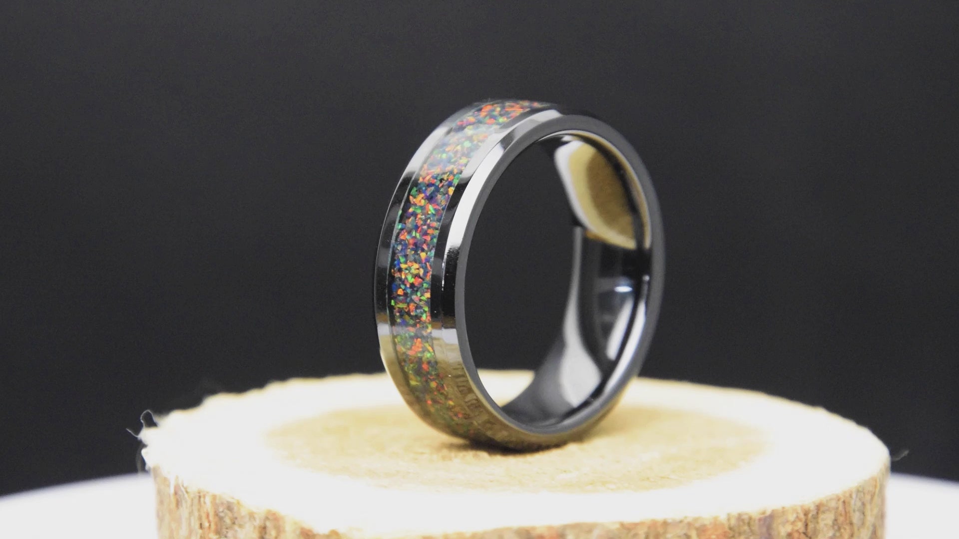 His And Hers Black Fire Opal Wedding Band Set Black Ceramic