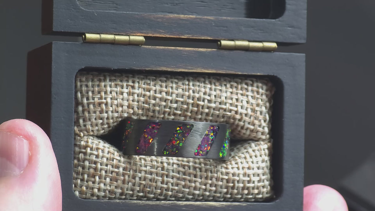 The Riftwalker - Purple And Black Fire Opal Carbon Fiber Rectangles Ring