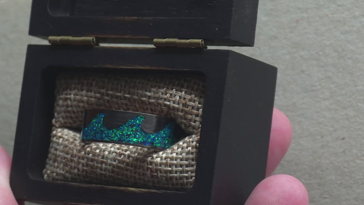 The Tidebreaker - Carbon Fiber Blue Green Opal Ocean Waves Ring