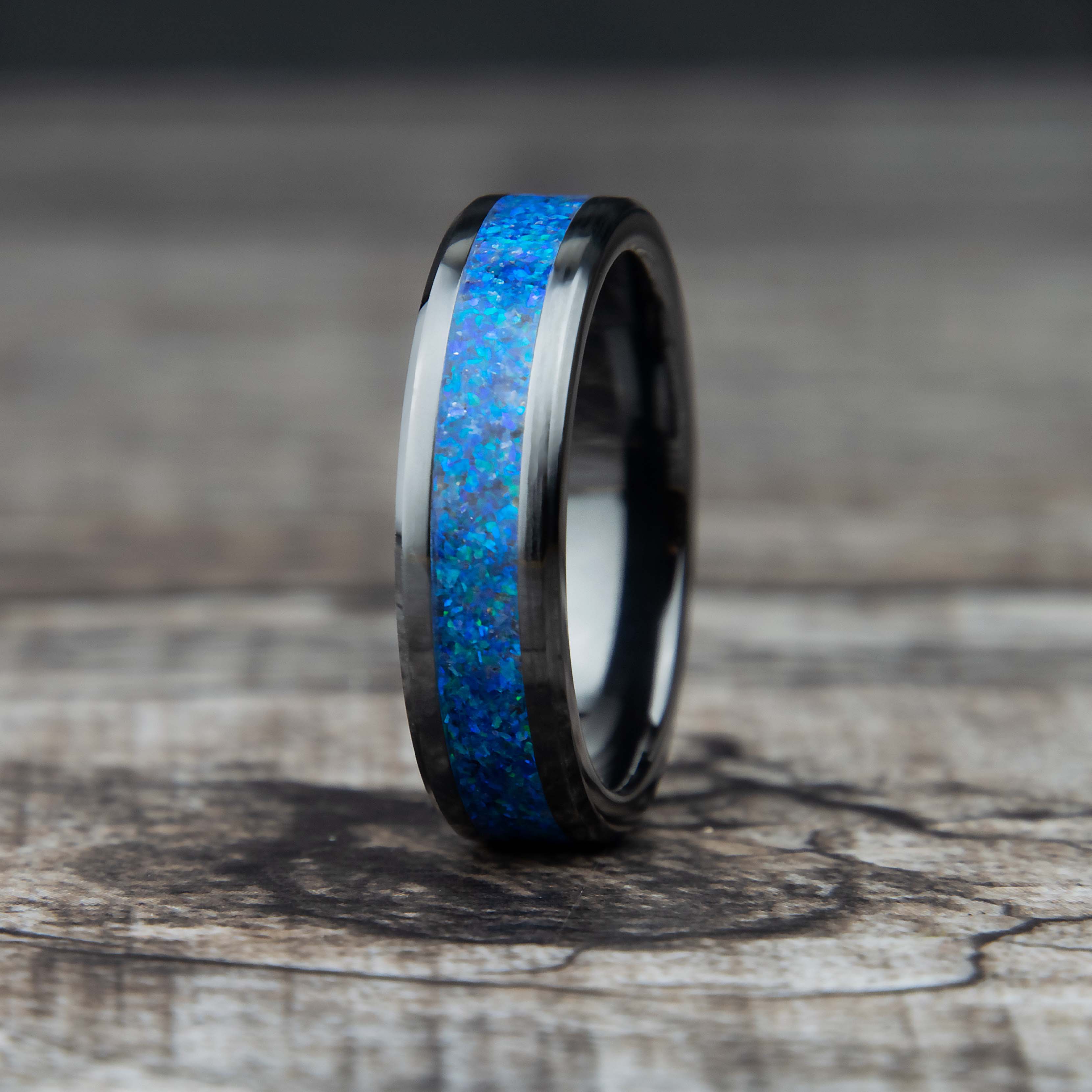 Sleepy Blue Opal Ring With Black Ceramic Band Copperbeard Jewelry